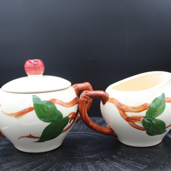 Vintage Franciscan Interpace Earthenware Apple Pattern Creamer and Lidded Sugar Made in the USA