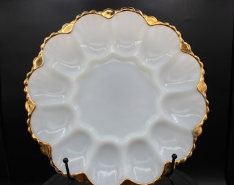 Vintage Fire King Anchor Hocking Egg Plate White Glass with 22K Gold Rim Made in USA