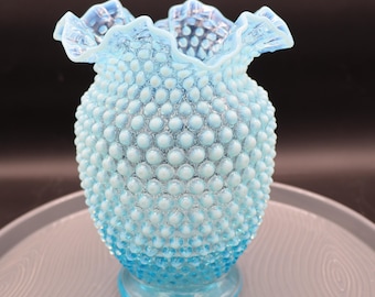 Large 8 Inch Vintage Fenton Hobnail Blue & White Vase - Blue