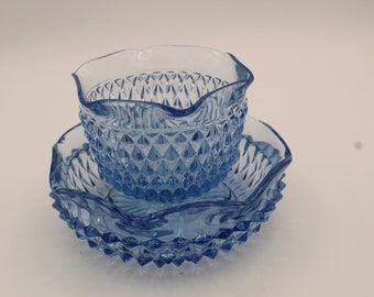 Vintage Indiana Blue Glass Mayonnaise Bowl with Underplate Made in USA Mustard Pot