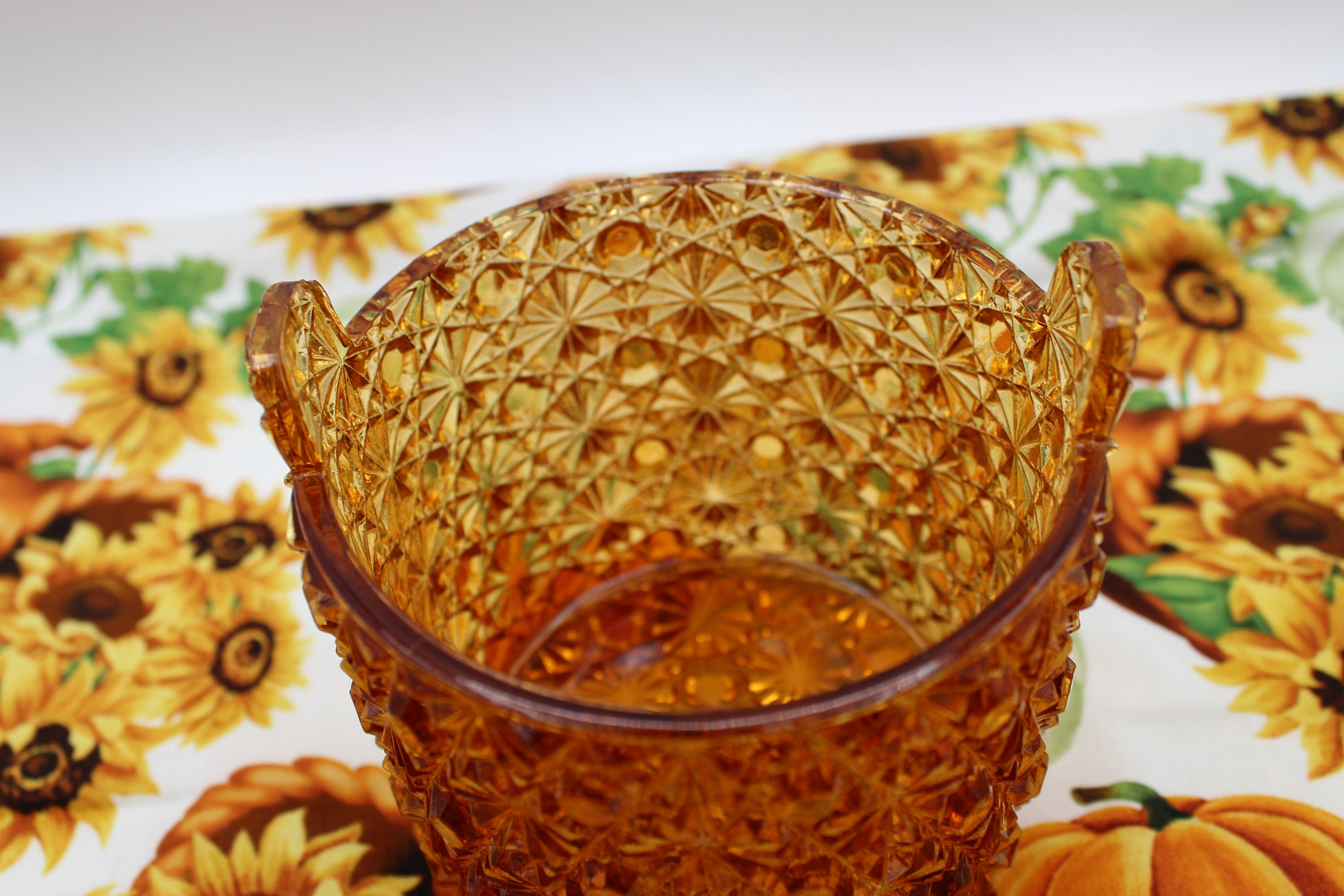 Vintage Fenton Amber Daisy and Button Candy Pail/box With