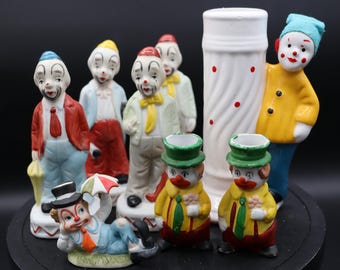 Assortment of Vintage Clowns Sophia-Ann Bank, IAC International Clowns, Lefton Clown, Candle Holders 8 Pieces Made in Taiwan