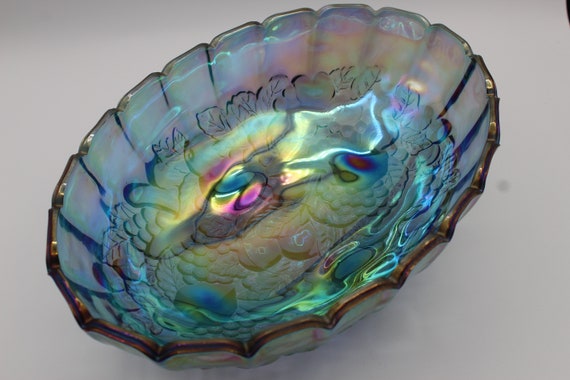 Vintage Indiana Blue Carnival Glass Harvest Grape Four-footed Fruit Bowl Made in USA Centerpiece Fruit Bowl