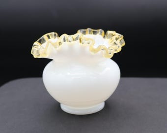 Vintage Fenton Gold Crest Milk Glass Rose Bowl Double Crimped Vase Made in America