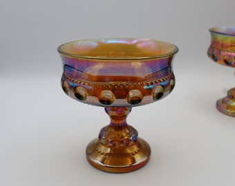 Vintage Indiana Glass King's Crown Thumbprint Amber Carnival Glass Pedestal Compote/ Candy Dish