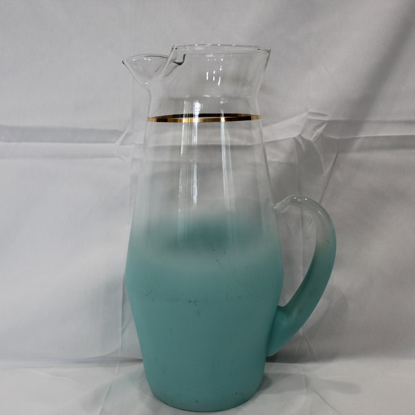 Vintage MCM Blendo Blue Frosted Martini Pitcher with Gold Trim