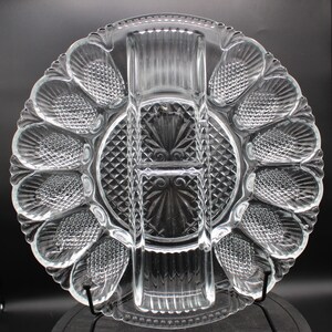 Vintage L.E. Smith Fan and Diamond Clear Glass Egg Plate with Center Dividers