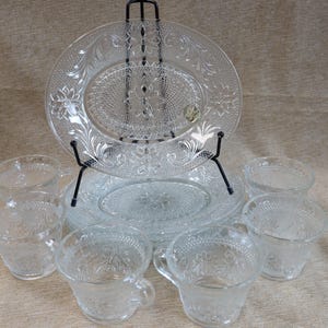 Vintage Tiara Exclusive by Indiana Glass Clear Sandwich Glass Oval Snack Set, Plate and Cup, 6 Sets - 12 Pieces