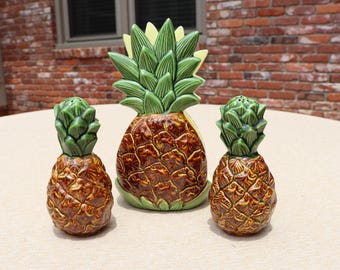 Vintage Pineapple Tableware Set Salt & Pepper w/ Napkin Holder *See Description*