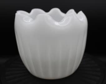 Vintage Milk Glass Tall Rose Bowl Style Scalloped Rolled Edge Ribbed Vase
