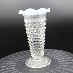 Vintage Anchor Hocking Moonstone Ruffled Hobnail Footed Vase 5 1/2&quot;