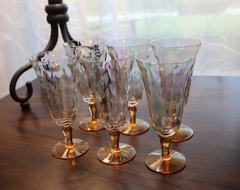 Vintage Fostoria Iridescent Optic Loop Amber Stem 6-Ounce Parfait Set of 6