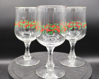 Vintage Libbey Holly Berry Goblets - Gold Trimmed Glass Set of 3