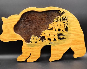 Vintage Handcrafted Laminated Wood Scroll Saw Art Bears in the Forest Wall Hanging Cabin Lodge Decor