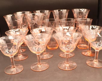 Vintage Pink Depression Glass Etched Leaves Champagne/wine Stemmed 