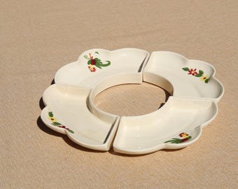 Vintage Marsh Industries Ceramic Lazy Susan Rooster & Floral Relish Dishes #8002 Set of 4