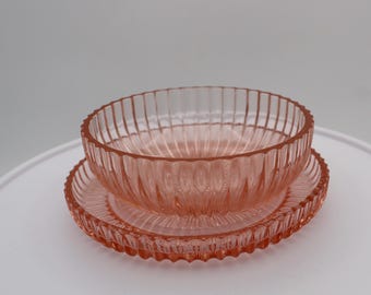 Vintage Hocking Glass Company Queen Mary Pink Depression Glass Preserve Set Made in USA