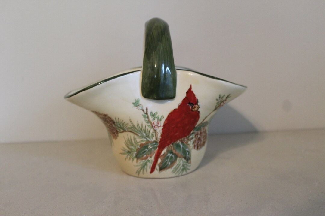 Pacific Rim Cardinal Vintage Pacific Rim Hand Painted Ceramic Basket Pinecones and Cardinal ...
