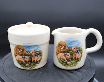Shaker and Thangs Pottery Barnyard Design Creamer and Sugar Set Made in USA in Marshall, Texas Farmhouse Vintage