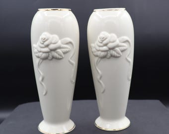 Pair of Vintage Lenox Embossed Rose with Ribbon Vase Gold Trim