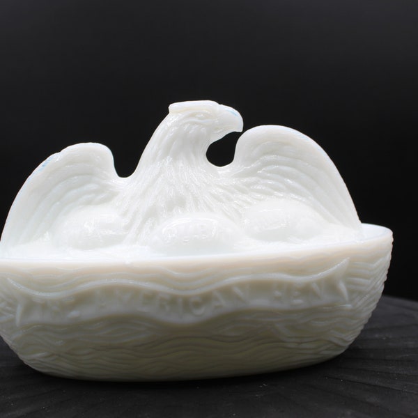 Antique Flaccus Milk Glass American Hen on Nest Eagle Trinket Box Candy Dish Made in USA