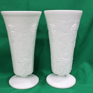 Pair of Vintage Indiana/Lancaster/Colony Milk Glass Grape Harvest 10&quot; Vases
