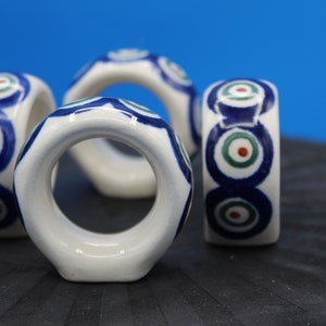 Vintage Boleslawiec Polish Pottery Peacock Napkin Rings Set of 4