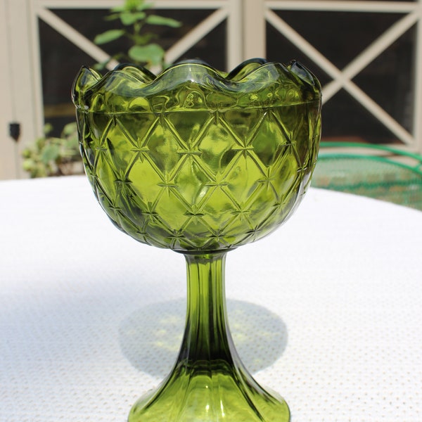 Vintage Indiana Avocado Green Glass Compote/Candy Dish/Rose Bowl Duette Pattern Diamond Quilt Ruffled Rolled Edge