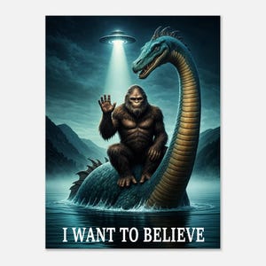Poster in carta opaca premium raffigurante il mostro di Loch Ness e Bigfoot, Sasquatch, Nessie, Scozia, UFO, disco volante