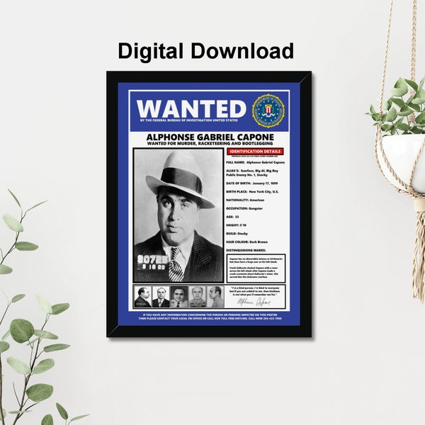 Al Capone Wanted Poster Digital Download Super Quality 12x16 Print