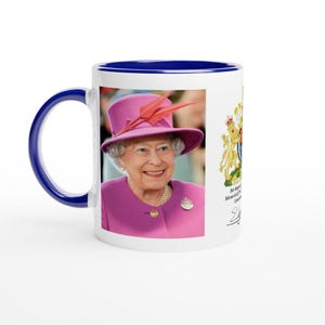 Elizabeth II Queen Of England With Crest And Signature Mug, King Charles, Prince William, Prince Harry