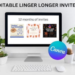 May include: A computer screen displaying a Canva design template for 12 months of invitations. The screen shows three different designs: a noodle-themed invitation, a first name invitation, and a pumpkin-themed invitation. The text "Canva" is displayed on a blue circle below the screen.