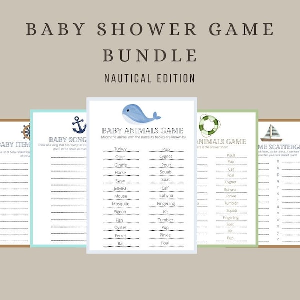 Nautical Baby Shower Game Bundle | Printable Baby Shower Games | Instant Download Baby Shower Games | Nautical Baby Shower