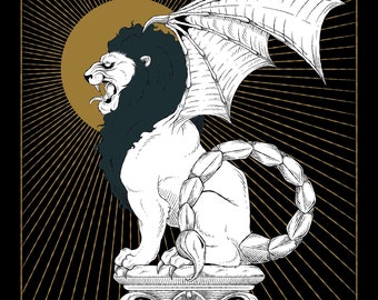 Print "Manticore", paper print, manticore, lion, scorpion, scorpio, bat, bat