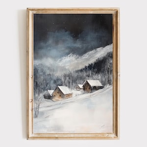 Vintage Nordic Winter Digital Wall Art Portrait Scandinavian Winter Snowy Forest Cabin Oil Painting | 132