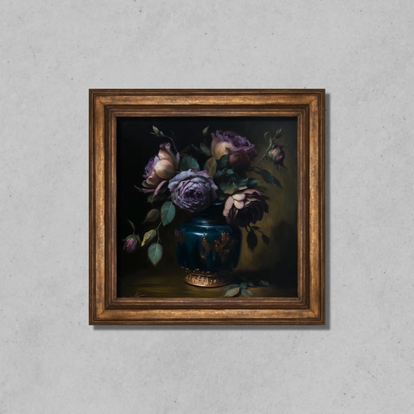 Purple Roses Dark Flower Vintage Oil Painting Dark Academia Art Print Antique Wall Art Magnolias Digital Download Printable Art Print