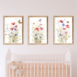 Boho Wildflower Butterfly kwekerij Prints Floral kwekerij afdrukbare Wall Art | Set van 3 prenten| Aquarel Bloemen Meisje Kwekerij Decor