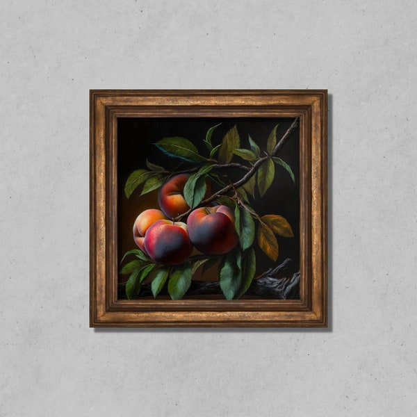 Peaches Dark Fruit Still Life Kitchen Art Vintage Oil Painting Dark Academia Antique Wall Art Digital Download Printable Art Print