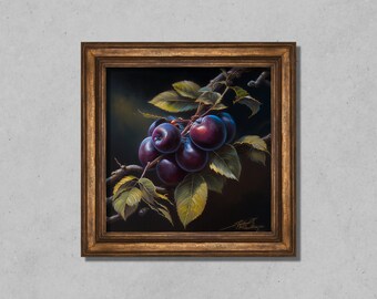 May include: A framed painting of a cluster of dark purple plums on a branch with green leaves against a dark background.