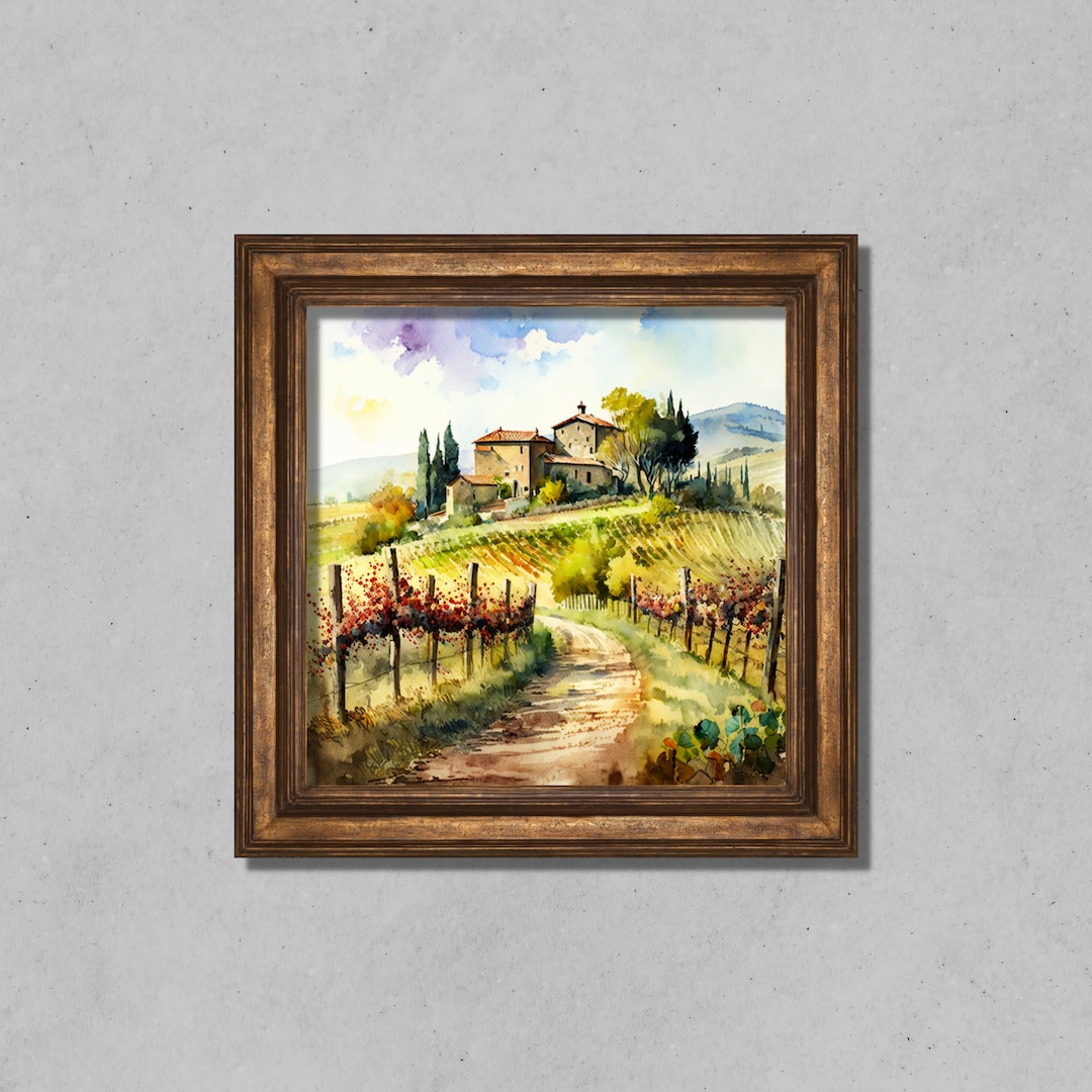 Tuscan Vineyard Watercolor Wall Art Print Digital Art Printable Wall