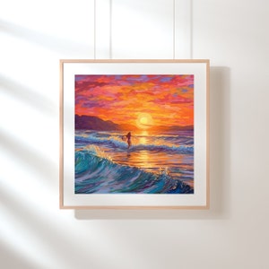 Surfer Girl Art Print Sunset Surf Oil Painting Surf Print Poster Surfing Wall Art Room Decor | Square Printable Gallery Art | 119