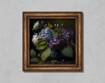 May include: A framed painting of a still life featuring a bouquet of white and purple flowers in a blue and gold vase. The flowers are arranged in a vase with a dark background.