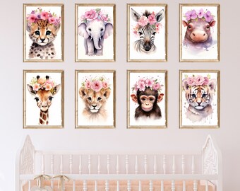 Blush Pink Safari Animal Nursery Wall Art Set of 8 Prints | Printable Nursery Zoo Animal Gallery Set for a Girl | Baby Girl Jungle Nursery
