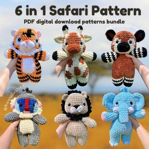 May include: Six crochet amigurumi animal patterns: a tiger, giraffe, zebra, mandrill, lion, and elephant. The patterns are available as a digital download bundle.