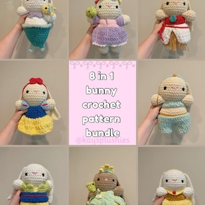 May include: A set of 8 crochet bunny patterns featuring different Disney princess characters. The patterns include Snow White, Ariel, Belle, Jasmine, Cinderella, Rapunzel, Tiana, and Pocahontas. Each pattern is available as a digital download.