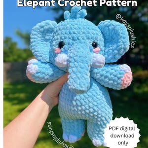 May include: A light blue crocheted elephant amigurumi toy with pink accents. The toy is being held in a hand. The text "Elephant Crochet Pattern @kaysplushies" is at the top of the image. The text "PDF digital download only" is at the bottom of the image.