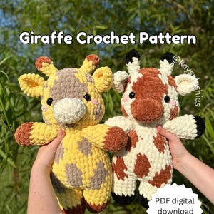 May include: Two crocheted giraffe amigurumi toys. One is yellow and gray with brown accents, the other is white with brown and black accents. The text "PDF digital download only" is on a white circle in the lower right corner of the image.