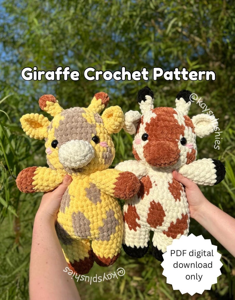 May include: Two crocheted giraffe amigurumi toys. One is yellow and gray with brown accents, the other is white with brown and black accents. The text "PDF digital download only" is on a white circle in the lower right corner of the image.