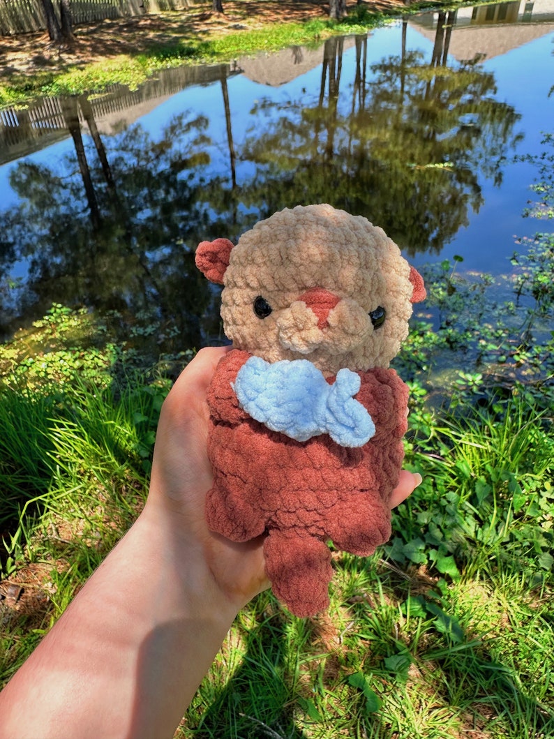 May include: A brown and beige crocheted otter plush toy holding a light blue crocheted fish. The toy is being held in a hand in front of a pond with green grass.