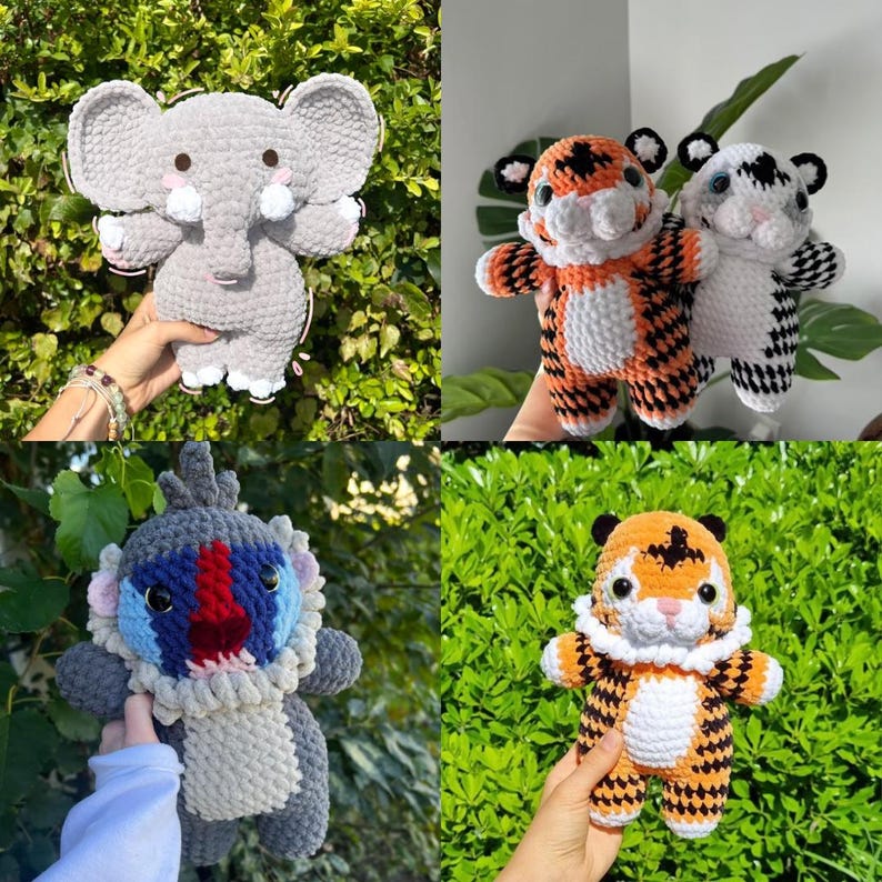 May include: Four crocheted stuffed animals: a gray elephant, a black and white panda, an orange and black tiger, and a gray and red baboon. The animals are all holding a pose with their arms and legs outstretched.
